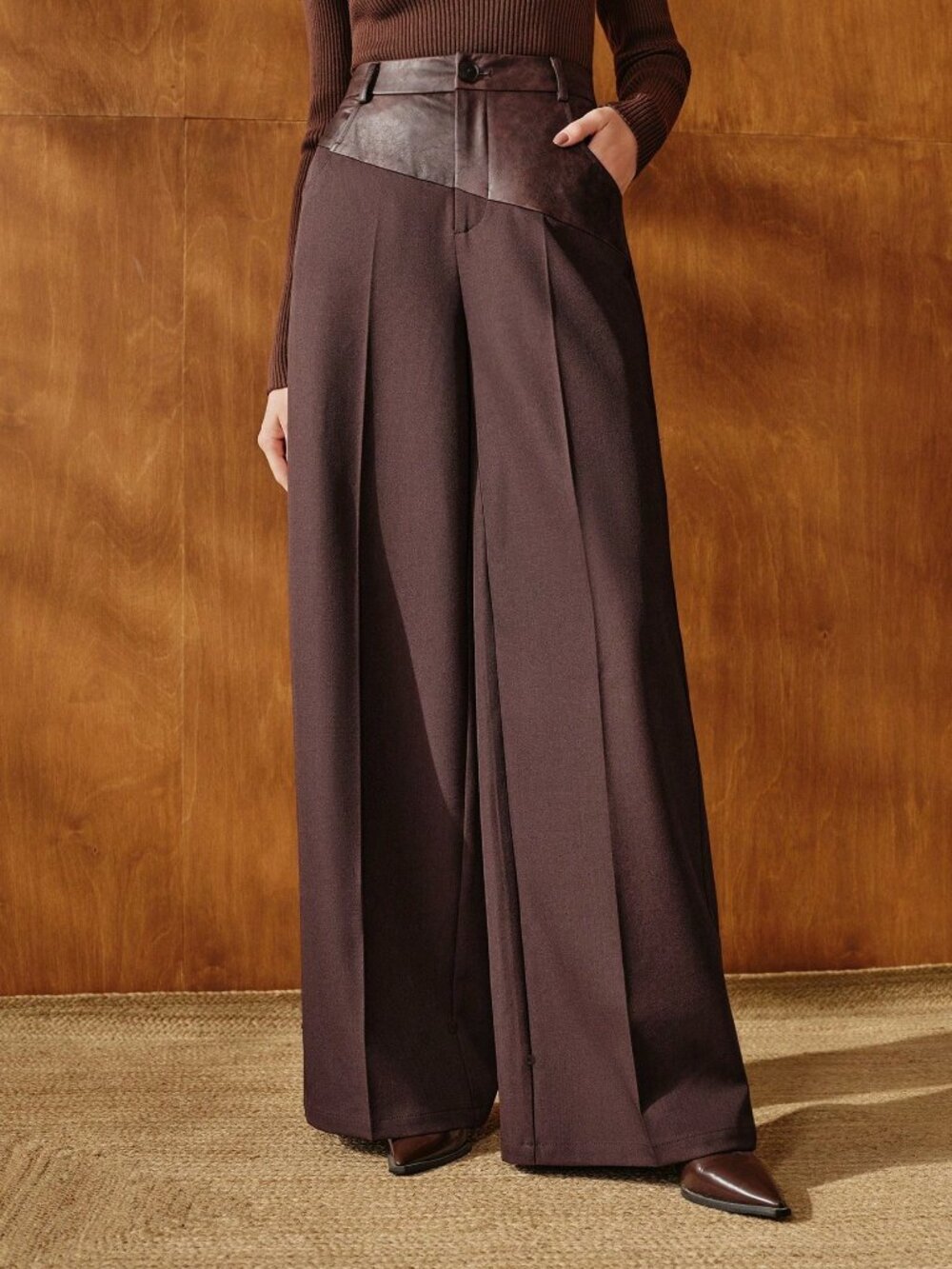 Coffee Brown Elegant Women's Faux Leather Patchwork Wide Leg Pants